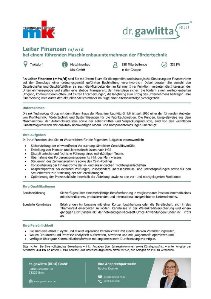 Leiter Finanzen m/w/d bei einem führenden Maschinenbauunternehmen der Fördertechnik (Vollzeit | Troisdorf)